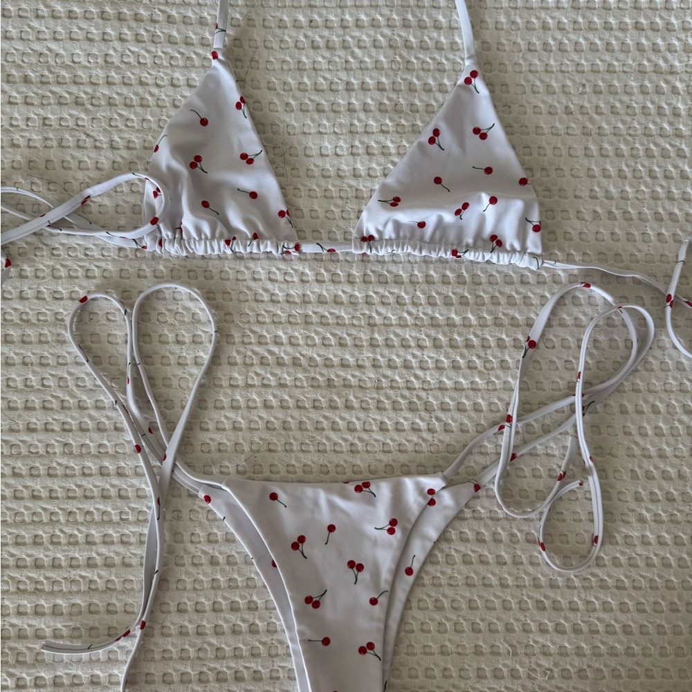 White and Red String Bikini with Triangle Top